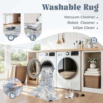 Tapis lavable moderne abstrait bleu et blanc, doux et à poils courts, antidérapant et résistant aux taches, idéal pour le salon, la chambre à coucher, la chambre d'enfant, la salle à manger et le bureau.