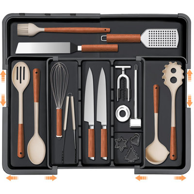 Range-couverts extensible pour ustensiles de cuisine Porte-ustensiles de cuisine réglable Couverts et couverts Spatule Outils Gadgets Cloisons de rangement Plastique noir
