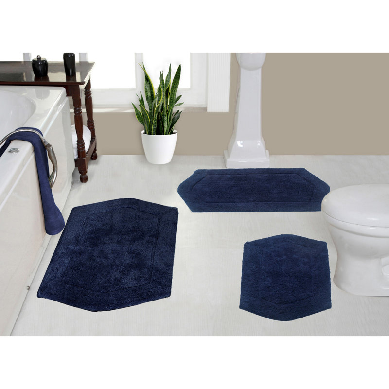 Morissette 100% Cotton Bath Rug, Non-Slip, Quick Dry, Machine Washable - 3 Piece Set, Navy