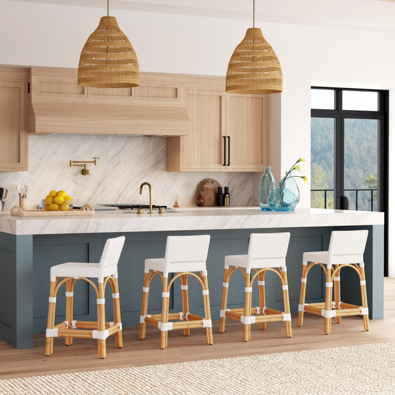 Serienna Blue & White Rattan Low Back Counter Stool, Natural, Counter Stool 24" Seat Height