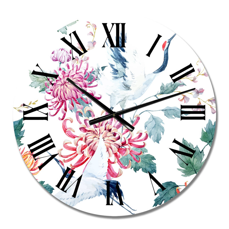 Crane Bird With Flowers And Plants - Patterned Wall Clock, Small