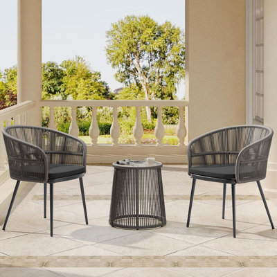 Ensemble bistro pour 2 personnes avec 2 larges chaises ergonomiques, coussins et table d'appoint en verre