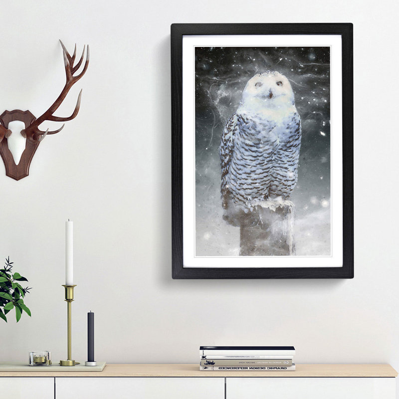 Snowy Owl on a Perch - Picture Frame Graphic Art Print on MDF, 65cm H x 48cm W x 2cm D, Black Framed