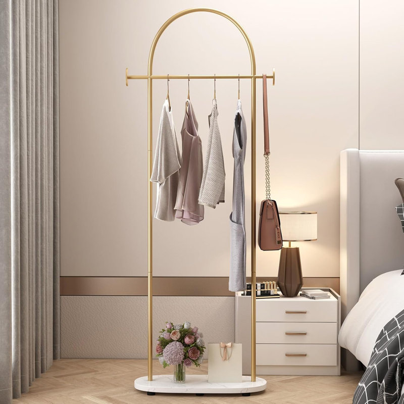 Gold Clothing Rack, Modern Clothes Rack With Shelf, Heavy Duty Freestanding Coat Rack, Metal Coat Hanger Stand With Hooks For Boutique Office