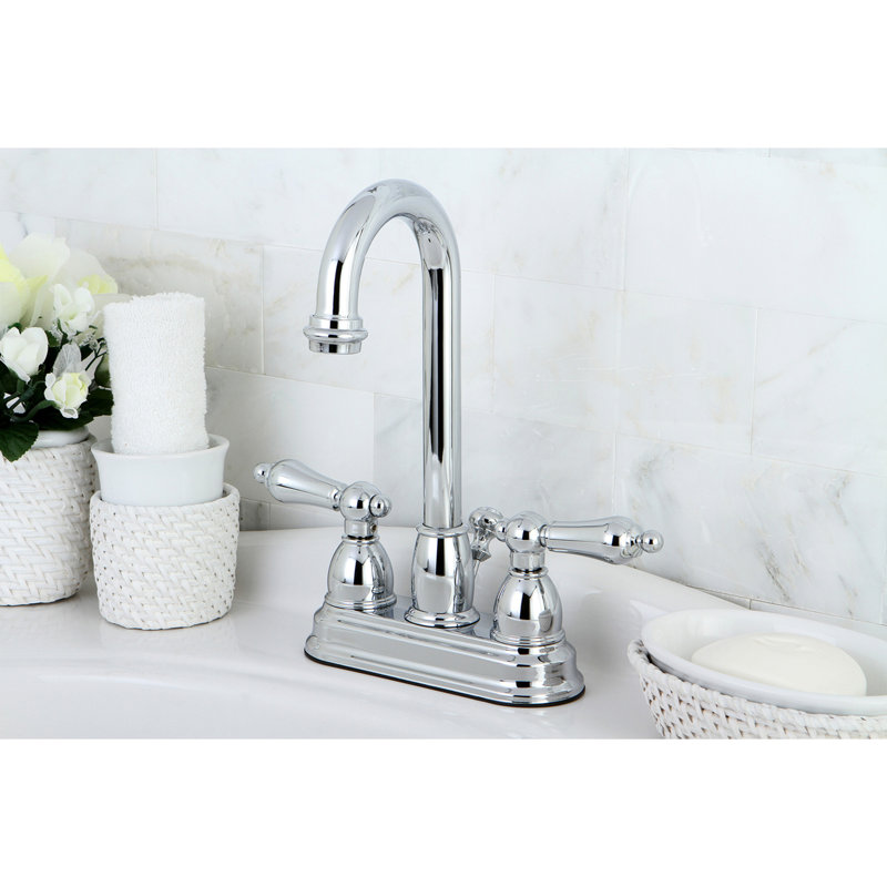 Kingston Brass Restoration Two-Handle 3-Hole Deck Mount 4" Centerset Bathroom Faucet with Plastic Pop-Up, Polished Chrome