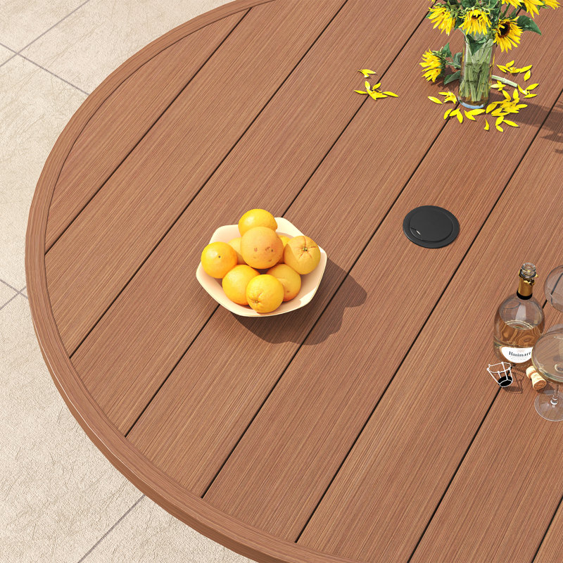 6-Person Patio Dining Set with 53" Metal Round Dining Table and 6 Stackable Armrest Chairs, Brush Wood Brown/Black