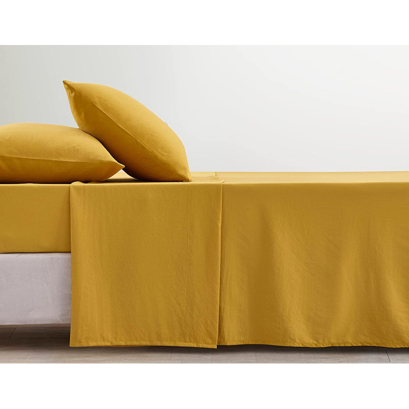 Washed Microfiber Bedding Microfiber Sheet Set, Queen Sheet Set + Fitted Sheet + 2 Pillowcases, Mustard Yellow