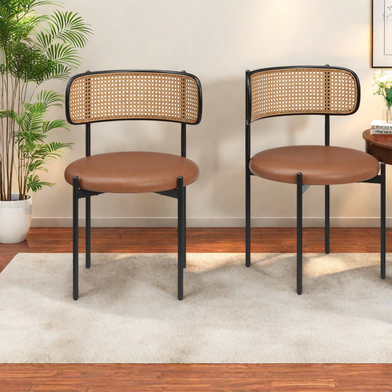 Modern Brown Dining Chairs, Faux Leather With Rattan Back For Home And Restaurant