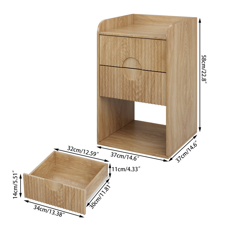 22.8" H Fluted End Table (Set Of 2), Mid Century Modern With Drawer, Wood