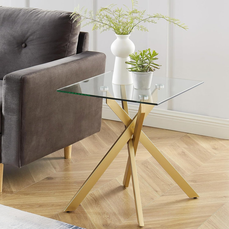 Gold Square Side Table with Glass Top and Metal Legs