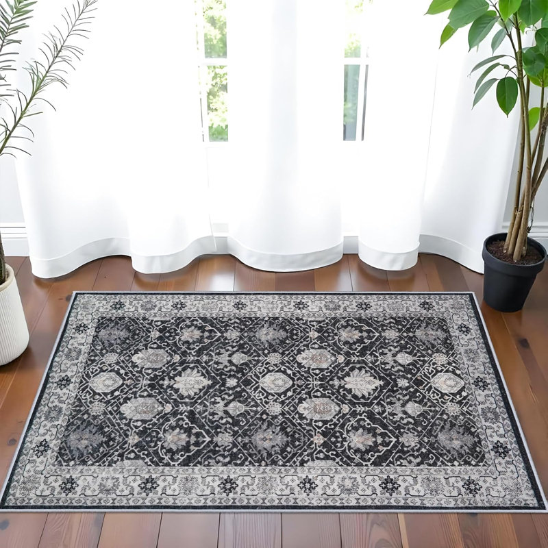 Washable Large Area Rug: Indoor Oriental Living Room Carpet with Non Slip Backing Ultra Soft Low Pile Rugs for Bedroom Dining Room Distressed Stain Resistant Thin Floor Mat (Black)