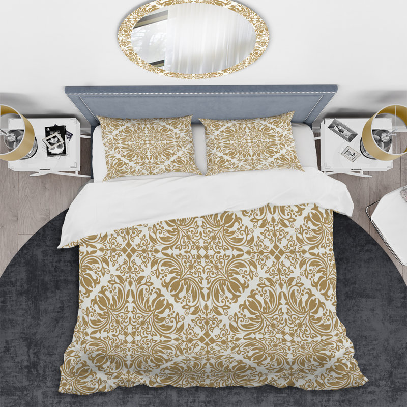 Ensemble de housse de couette à motif damas blanc et doré - Polyester microfibre