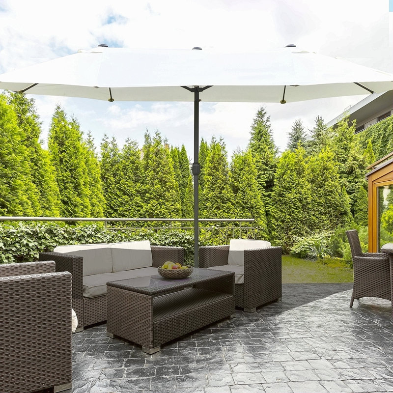 Parasol de patio rectangulaire extérieur en acier 15 'avec base, protection solaire et manivelle pour terrasse, Beige