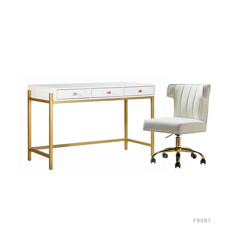 Ensemble de bureau Wilks, H 30,5 po x l 64 po x P 26,3 po, Blanc / Doré