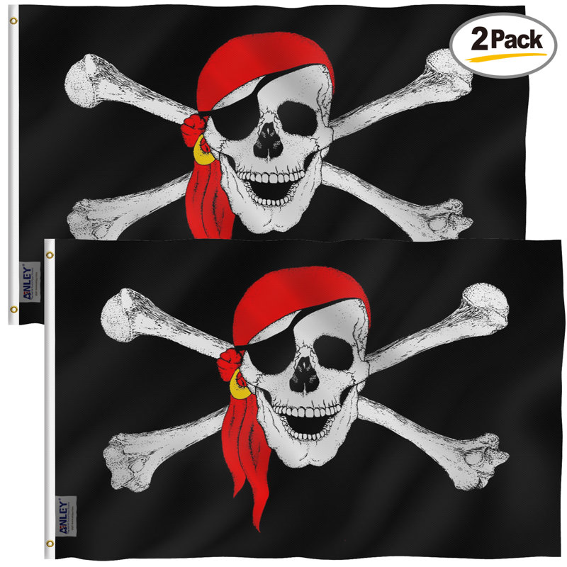 3x5 Foot Black Polyester Pirate Flags with Red Bandana (2 Pack)