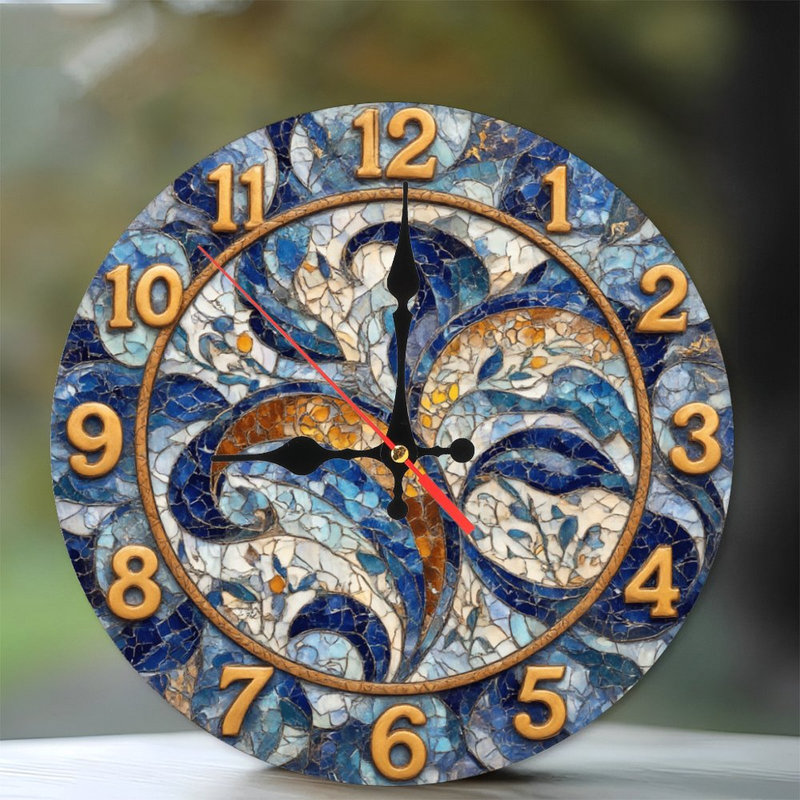 Motif floral horloge mosaïque bleue