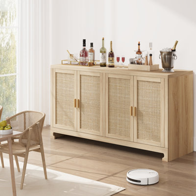 Buffet, armoire de rangement décorative en rotin avec 4 portes et tablette