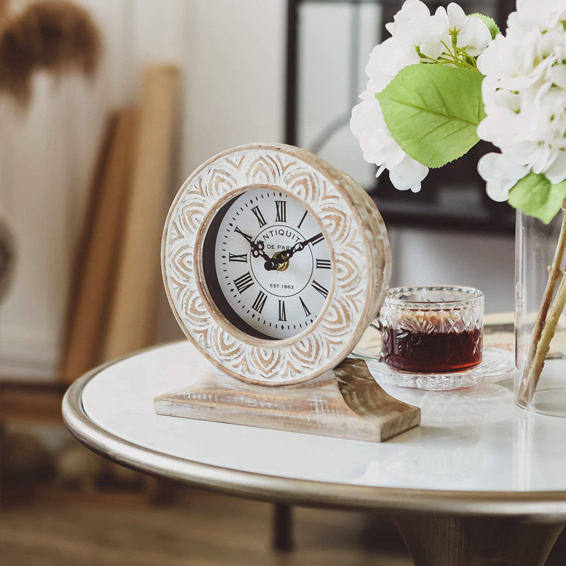 Hand-Carved Wood Table Clock