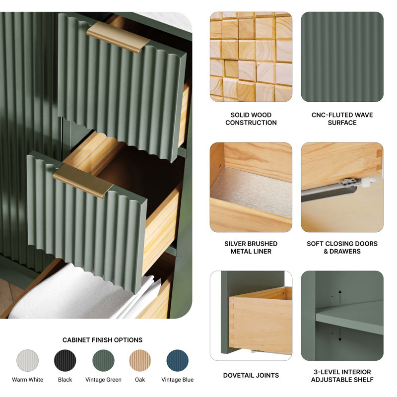 Base de meuble-lavabo décalée gauche en bois massif 36 po Haun, Vert rétro