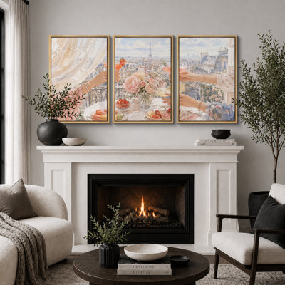 Paris Balcony Floral Brunch Artwork, Kitchen Pictures, Framed Canvas Giclee Print 3 Pieces Wall Art