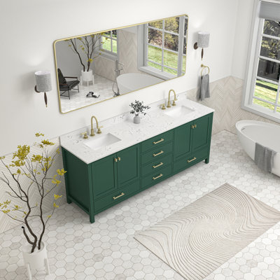 84 Inch Double Sinks Freestanding Bath Vanity With Engineered Marble Top