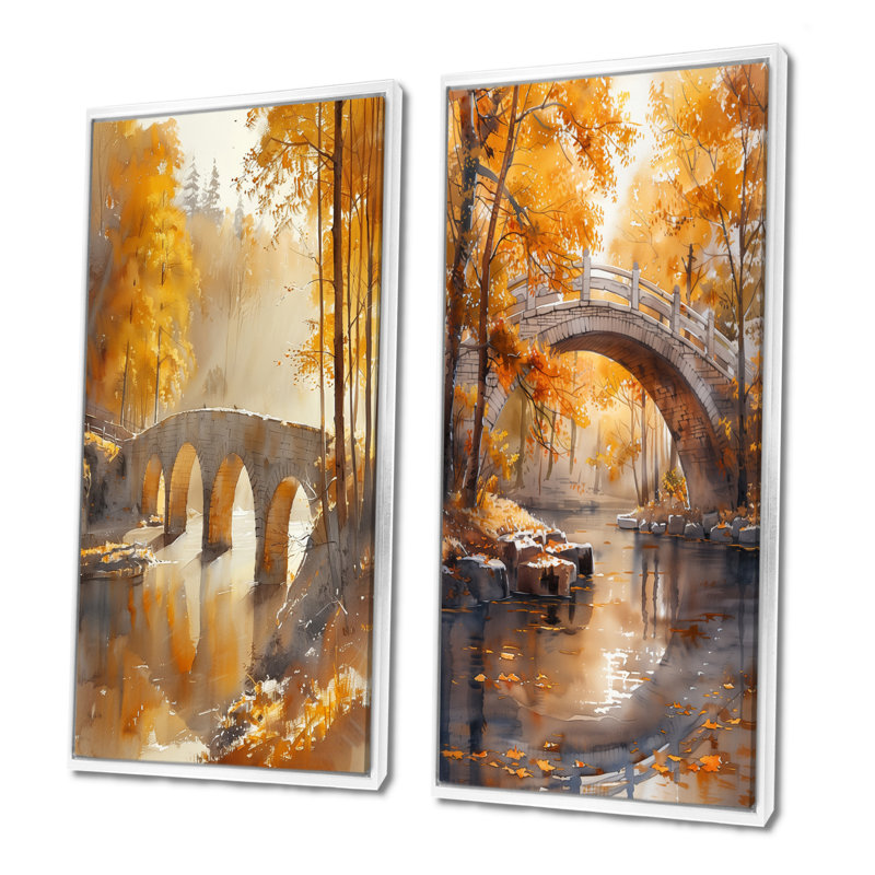 Ensemble de 2 pièces d'art jaune et jaune avec pont d'automne et rivière de beauté, H 40 po x l 40 po, Cadre flottant blanc
