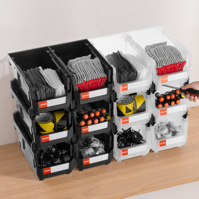 Plastic Stackable Storage Bins, 14.8 x 8.5 x 7.1 inch (12 Pack), Plastic Containers for Organizing & Storage Bins for Garage, Small Parts, Office Supplies, Other Accessories, Black & Transparent