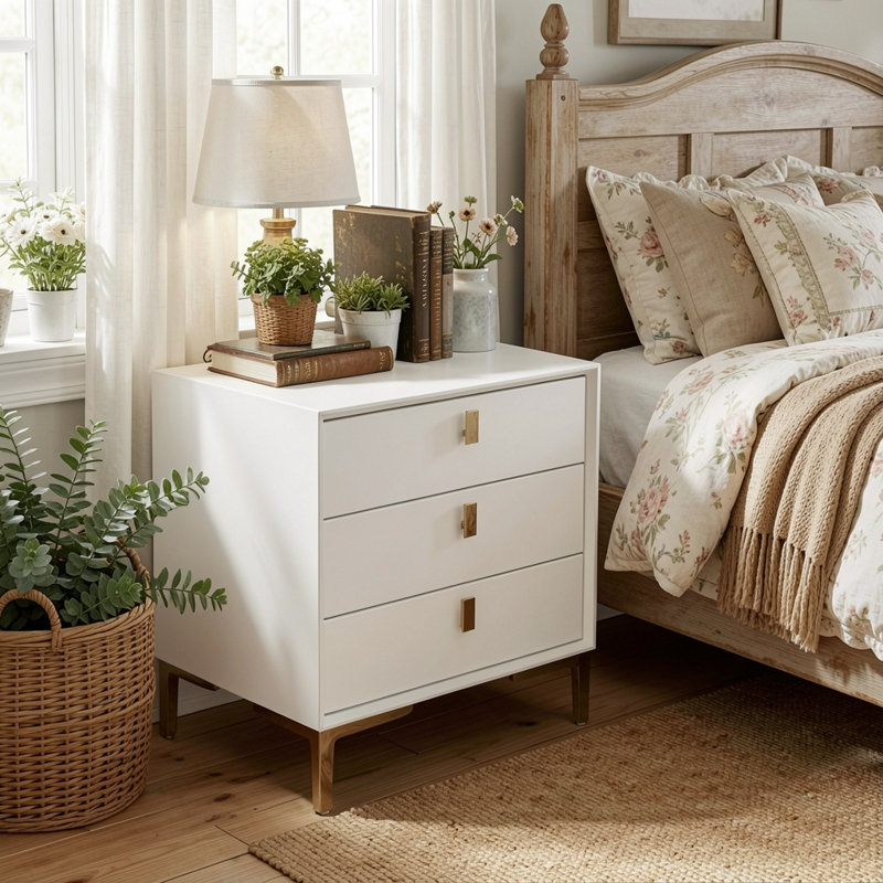 3 - Drawer Nightstand With Metal Legs, White