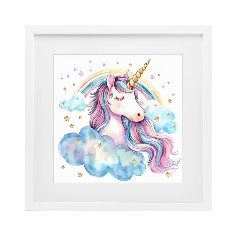 «Cute Happy Unicorn & Rainbow», reproduction encadrée sous verre, design by Creative Studio, H 13 po x l 13 po
