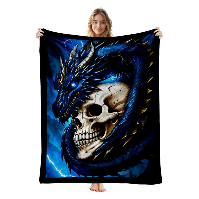 Plaid en flanelle polaire JYK pour l'Halloween, léger, respirant, doux et chaud en microfibre pelucheuse, 127 x 152 cm, motif crâne de dragon et éclair