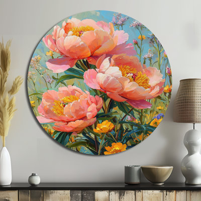 Kavi - pivoines rondes, impression sur métal rose traditionnel