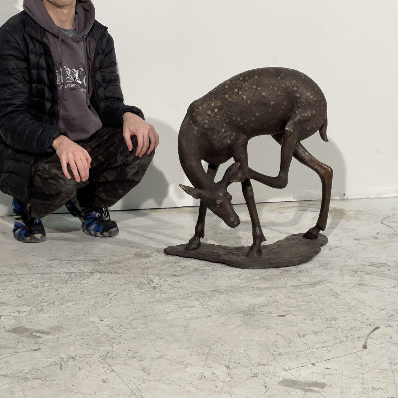 Bronze Fawn Scratching Head Sculpture