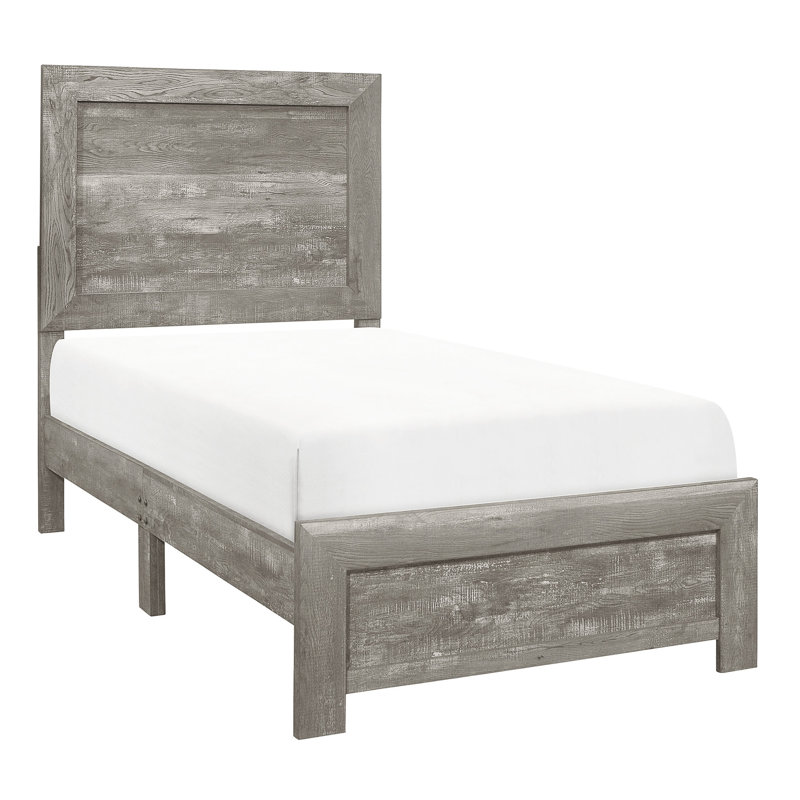 Structure de lit simple gris pour chambre à coucher, matériau en bois, avec tête de lit et lit de chambre à coucher en bois, aspect rustique, rails, sommier