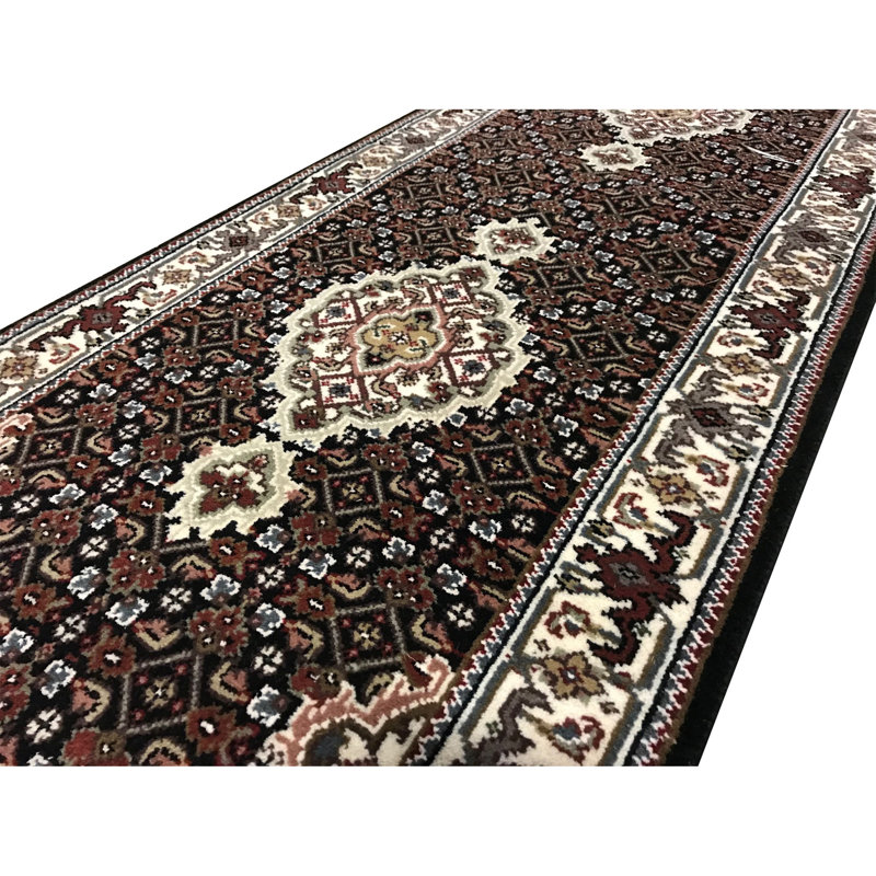 Hand-Knotted High-Quality Black and Cream Runner