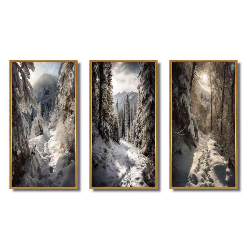 «Frosty Snow Forest Path», 3 pièces, H 40 po x l 60 po, Cadre flottant doré