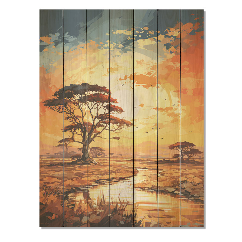 «African Sunset Essence Savanna Harmony III» - Arbre africain sur bois, H 20 po x l 10 po