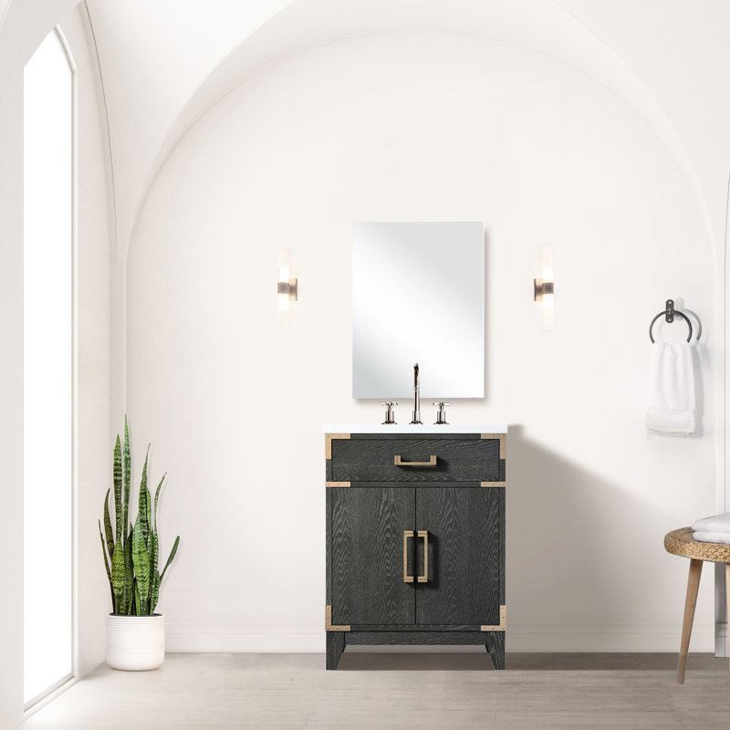 Armoire de salle de bain en chêne noir l 24 po x P 18 po avec comptoir en acrylique, robinet inclus et 24 po Comptoir poli à la main H Mirror