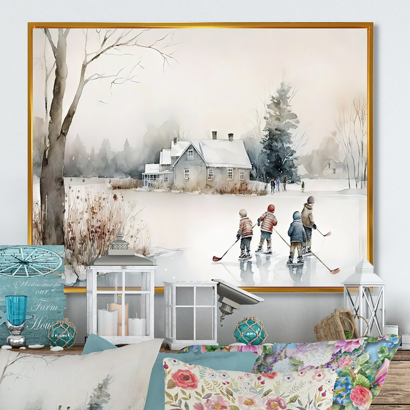 Enfants jouant au hockey en hiver II, H 16 po x l 32 po x P 1 po, Cadre flottant doré