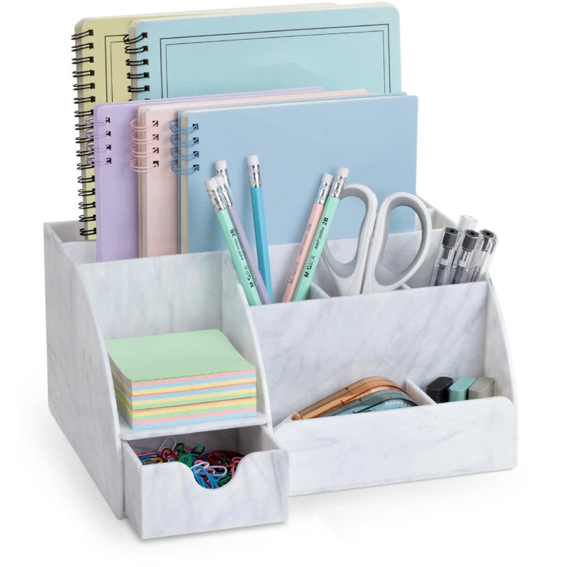 Marble Desk Organizer For Office Supplies And Accessories - 9 Sections - Pencil Pen Holder Storage - Desktop Organization Decor Essentials (White Grey Marble)