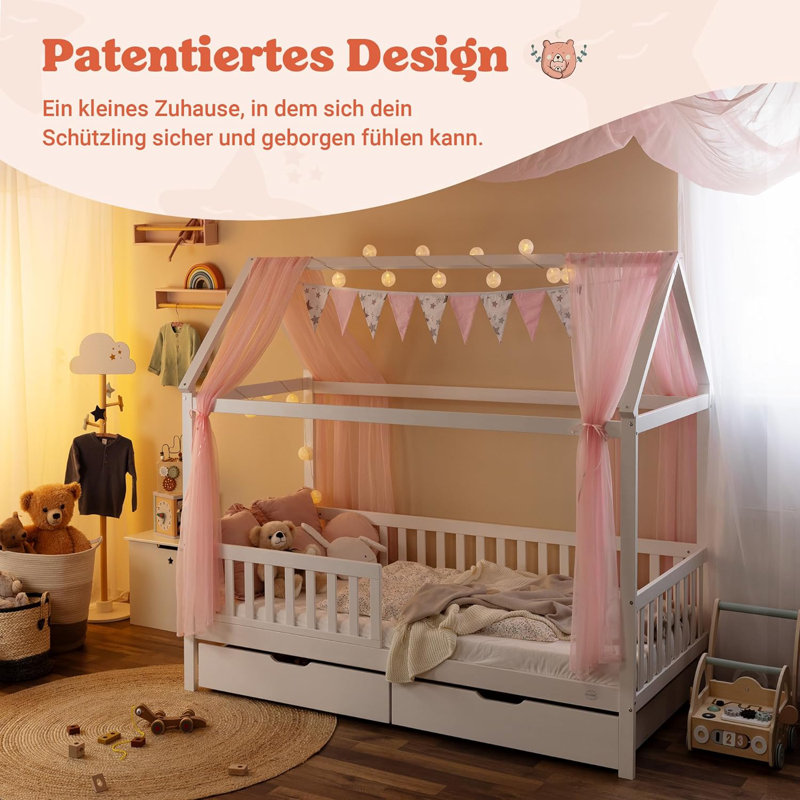 Alcube® HEIM house beds with fall-out protection and slatted frame - White, White, European Toddler (80 x 160cm), Standard
