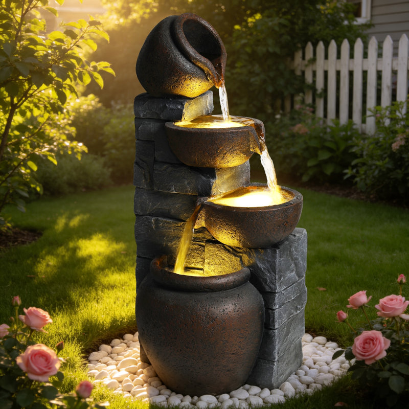 Outdoor Water Fountain with Lights 4 Tier Cascading Pots Resin Stone Look Garden Waterfall Fountain for Patio Yard Porch Landscape