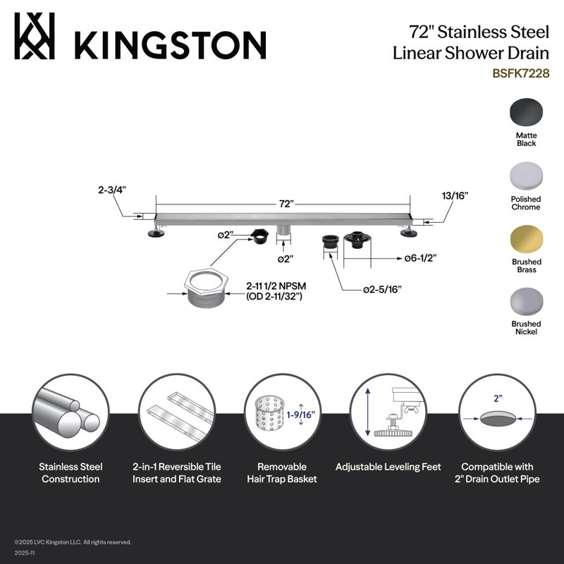 Kingston Brass Watercourse 72-Inch Stainless Steel Linear Shower Drain With Flange And Hair Trap, Brushed Nickel