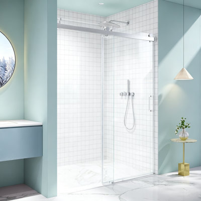 Porte de douche coulissante sans cadre, 142-152 cm (L) x 193 cm (H), en verre trempé, fermeture amortie, film anti-explosion, chromée.