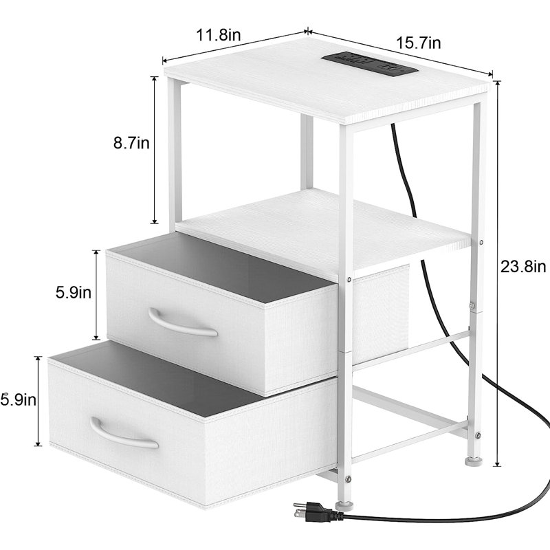 Table de chevet blanche avec 2 tiroirs en tissu et station de charge, Blanc