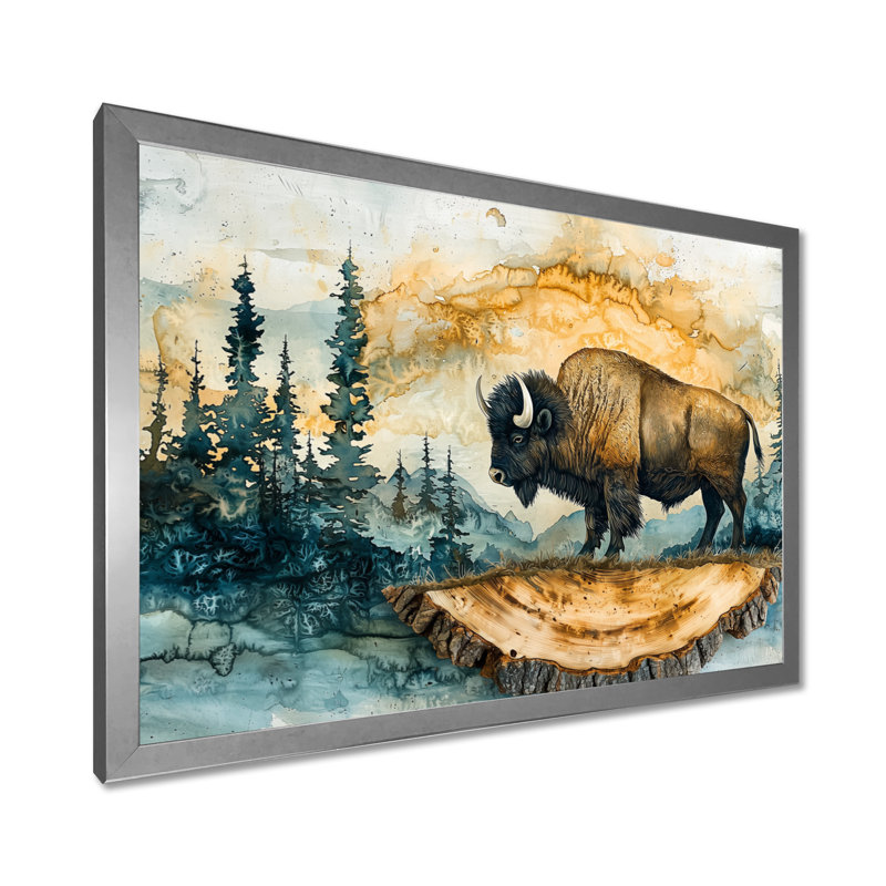 Bison américain dans un paysage d'été II - Bison, art mural, H 30 po x l 40 po, Cadre simple, Argent argent