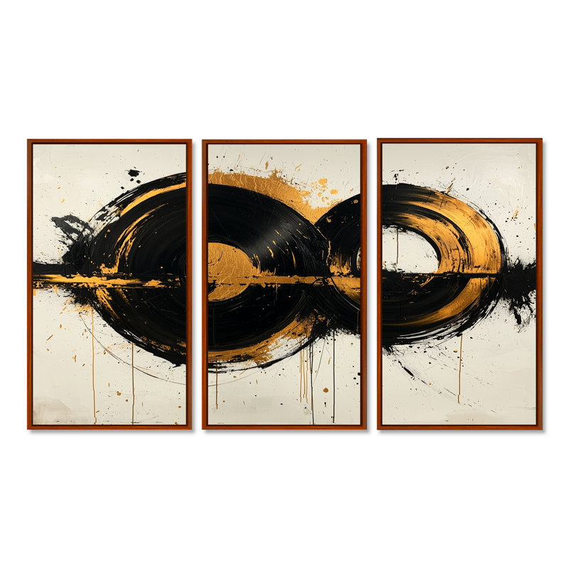 Cercle abstrait en tons de noir et or I - ensemble d'art mural formes abstraites, Toile avec cadre flottant brun