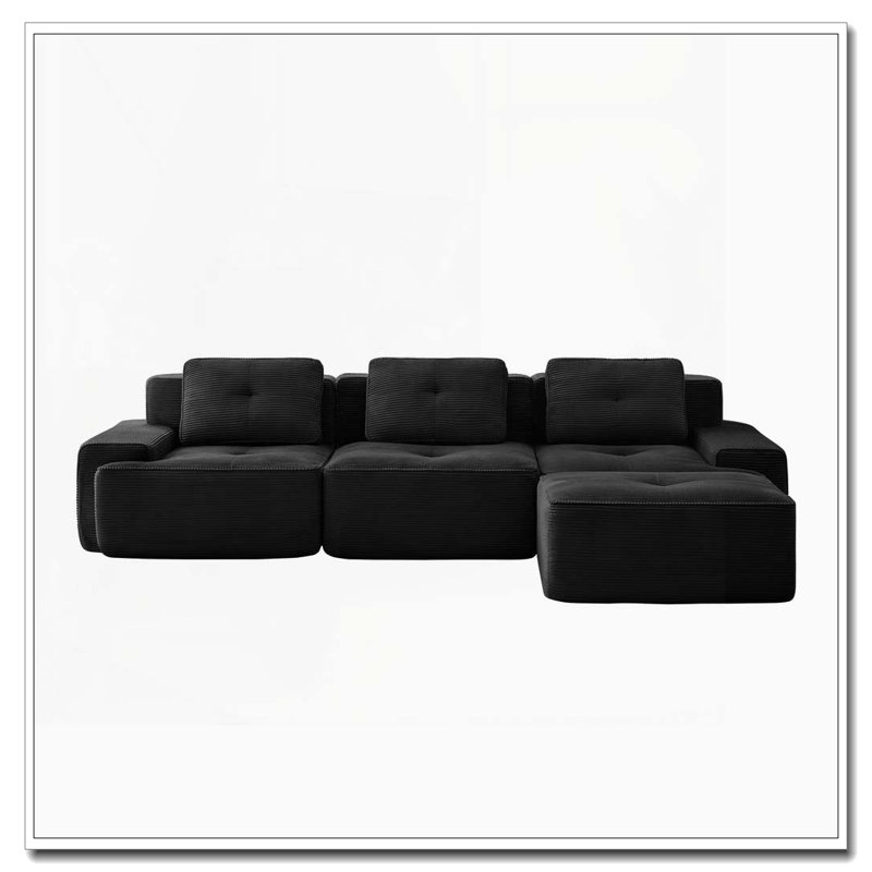 Canapé moderne en velours côtelé, Noir - 3 sièges + 1 fauteuil