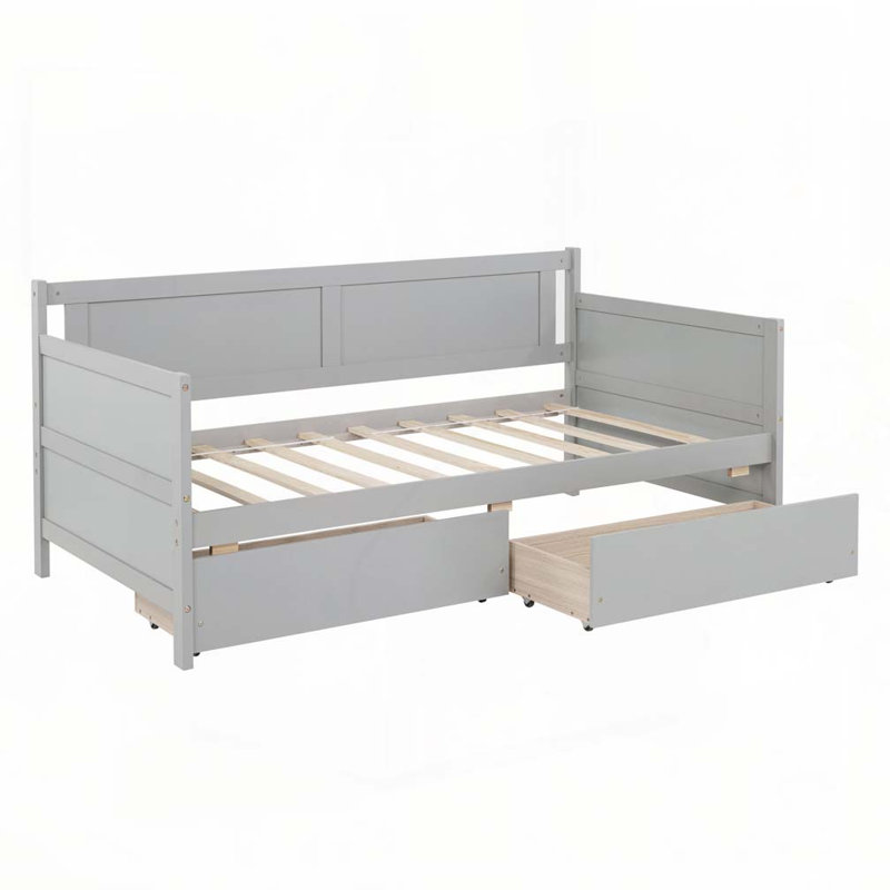 Lit de jour simple en bois de pin avec deux tiroirs de rangement, gris, Gris