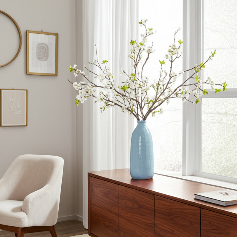 Vase en grès cérame texturé Agaba - Accent décoratif moderne, Bleu, H 16 po x l 7 po x P 7 po