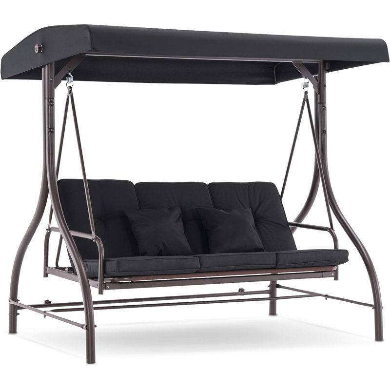 Black 3-Seat Outdoor Patio Swing Chair with Adjustable Backrest